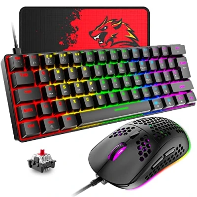 Afbeelding van T60 Bekabeld Gamingtoetsenbord en Muis Set, Mini 60% Compact Mechanisch Toetsenbord 62 Toetsen, 19 Regenboog LED licht, UK Layout + 6400 DPI PS4 Gaming Muismat voor PC, Mac Red Switch/Zwart
