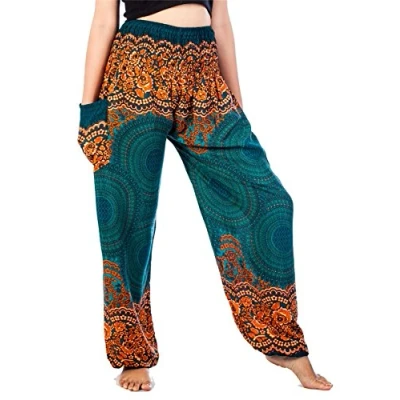 Afbeelding van Lofbaz Harembroek voor dames, yogabroek, pompbroek, hippiebroek, boho kleding, festivaloutfit, zomerbroek, lichte Rose 1 teal groen., S