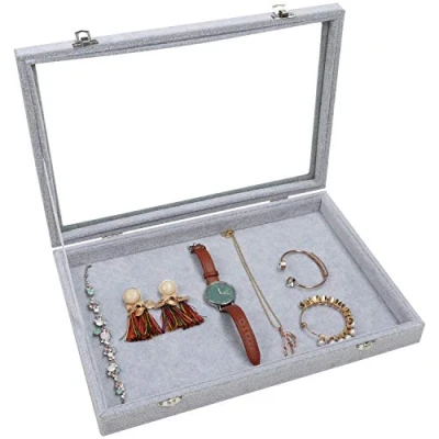 Afbeelding van Belle Vous Grijs Velours Sieraden Opslag Doos Display Case Vertoon Tray Houder met Afsluitbare Glazen Deksel Huis &amp; Winkel Stapelbare Organizer Voor Oorbellen, Ringen, Kettingen Armbanden