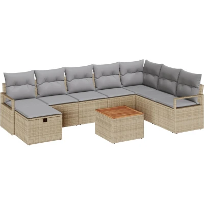 Afbeelding van vidaXL 9 delige Tuin Sofa Set met Kussens Beige Poly Rattan, 2 Zits Rattan