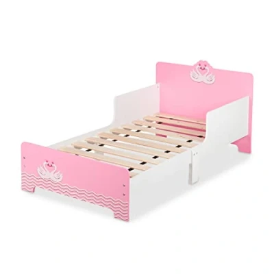 Afbeelding van Relaxdays peuterbed met uitvalbeveiliging 170x40 cm lattenbodem zwanen wit roze