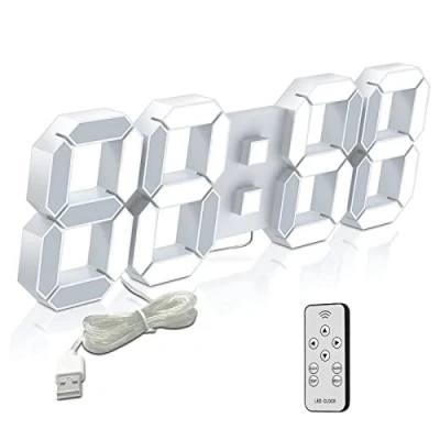 Afbeelding van Deeyaple Led Digitale Wandklok 3D Wekker Home Decor Geen Lawaai Snooze Dimbare Tijd Geheugen 12/24 Uur Datum Temperatuur Afstandsbediening Nachtlampje Kantoor Keuken Woonkamer 38.1cm Groot Wit