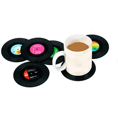 Afbeelding van TRIXES Set van 6 Vinyl platen retro muziek onderzetters tafelblad bescherming voorkomt schade aan meubels Record Disk Table Cup Pad voor warme en koude bierdranken 10,5 cm