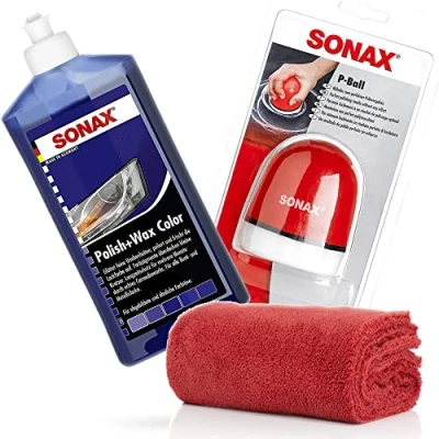 Afbeelding van detailmate SONAX handpolijstbundel: Polish+Wax Color blauw 500 ml polish + P Ball ergonomische polijstbal Edgeless microvezel polijstdoek 550GSM rood