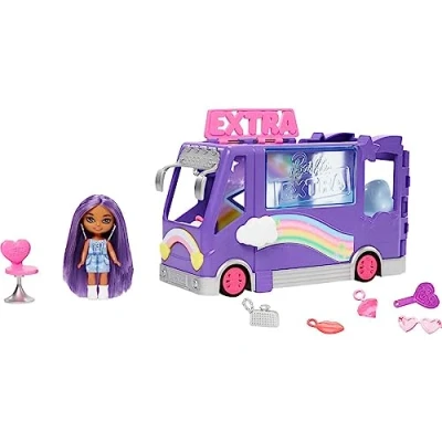 Afbeelding van ​Barbie sets, Barbie Extra Mini Mini&#039;s Voertuig speelset met pop, Uitbreidbare toerbus, kleding en accessoires, HKF84