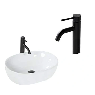Afbeelding van VBChome wastafel met armatuur 48 x 35 keramische zwart ovaal handwastafel wasbak Gasten toilet