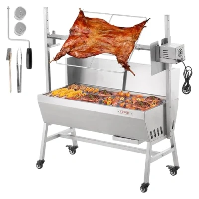 Afbeelding van VEVOR Koolbraadsleder met voorruit, voor het grillen van heel varken, lam, geit, elektromotor, 42 W, roestvrijstalen grill vergrendelbare wielen, kamperen buitenshuis, 1110 x 417 1080 mm