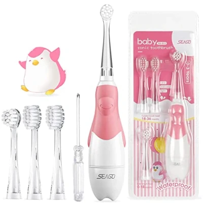 Afbeelding van SEAGO SG 513 Elektrische tandenborstel voor kinderen en baby&#039;s, kindertandenborstel, elektrisch vanaf 0 3 jaar, met ledlicht, smart timer, babytandenborstel, waterdicht, IPX7 sonische (Rose)