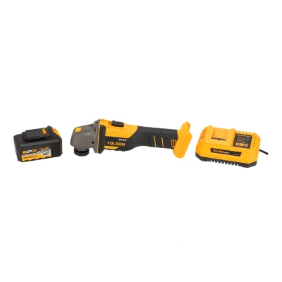 Afbeelding van Tolsen Haakse Slijper op Accu Brushless Industrial 20V Li ion 125 mm schijfdiameter Incl. 1x 4.0Ah accu, oplader, 10x slijpschijven 1.2 dikte &amp; accessoires