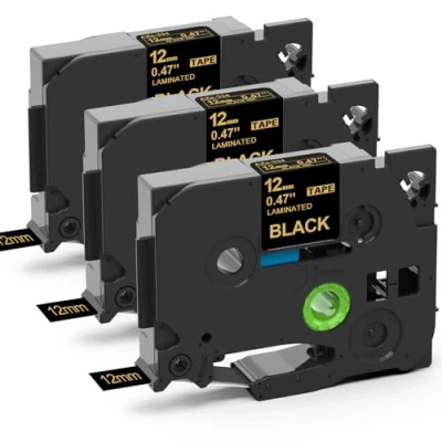 Afbeelding van MarkField Compatibele gelamineerde tape voor P Touch Label Maker, TZe 334, goudkleurig op zwart, PT H100LB, H105, H107B, H110, H200, H101TB, P300BT, Cube, D200BW, D210, D400, 12 mm x 8 m, 3 stuks
