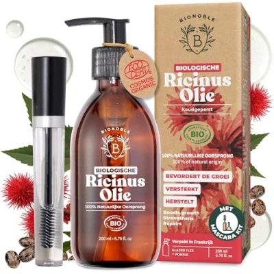 Afbeelding van BIOLOGISCHE RICINUSOLIE 100% Puur, Natuurlijk &amp; Koudgeperst Wimpers, Wenkbrauwen, Lichaam, Haar, Baard, Nagels Cruelty Free Castor Oil Glazen fles + Pompje Mascara set (200ml)