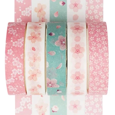 Afbeelding van YUBX Magere Washi Tape set, 5 rollen, decoratief plakband voor scrapbooking, knutselen, 10 mm breed (Sakura)