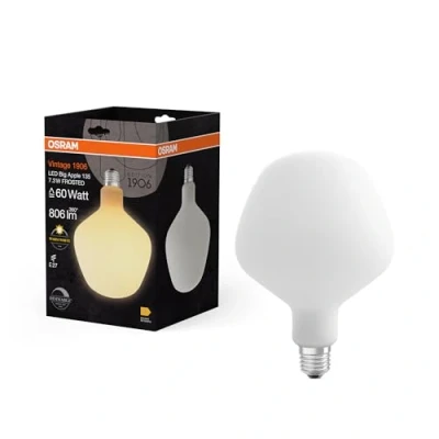 Afbeelding van OSRAM Vintage 1906 Big apple is a dimmable LED lamp with an shaped filament. It offers 7.3 W for 806 lm, E27 socket, frosted glass, 135 mm diameter, colour rendering CRI 80, 2,700 K, EEK E.