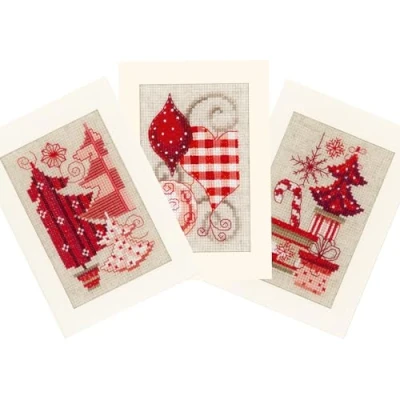 Afbeelding van Vervaco Kerstkaarten in rood, set van 3 wenskaarten om te borduren kruissteek, katoen, meerkleurig, 10,5 x 15 0,3 cm, stuks