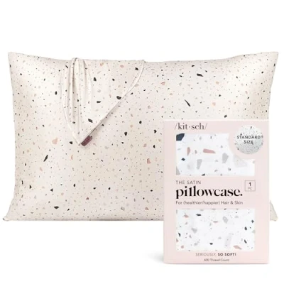 Afbeelding van Kitsch 100% satijnen kussensloop met rits, zachter dan zijden voor haar en huid, verkoelende kussensloop, (standaard/queensize (1 stuk), wit terrazzo)