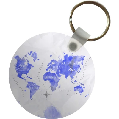 Afbeelding van Sleutelhanger Wereldkaart Abstract Waterverf Plastic Rond Uitdeelcadeautjes