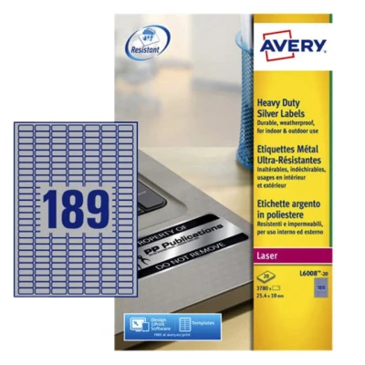 Afbeelding van Etiket Avery L6008 20 25.4x10mm zilver 3780stuks