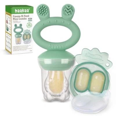 Afbeelding van Haakaa Baby Fruit Voerbakje Mini diepvriezer Knabbelbakje Combo,Moedermelk ijslollyvormpjes, BPA vrije siliconen voerbak voor veilig zelf voeden, 4 maanden+(olijfgroen)