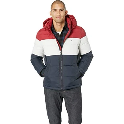 Afbeelding van Tommy Hilfiger Klassieke jas met capuchon en donsjas voor heren, Rood/Wit/Middernacht, XL