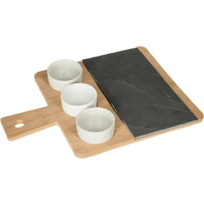 Afbeelding van 5Five Serveerplank/borrelplank hapjes/saus/tapas bamboe bruin incl. 3x schaaltjes Serveerplanken