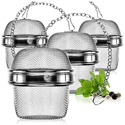 Afbeelding van COM FOUR® 4x theezeef van roestvrij staal 304, vaatwasmachinebestendig thee ei Ø 6,5 cm voor losse thee, specerijen en kruiden fijnmazig theefilter met ketting kruidenzeef