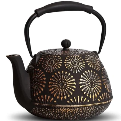 Afbeelding van MILVBUSISS Gietijzeren theepot, 1200 ml grote capaciteit theeketel met infuser voor fornuis, Sakura Design Japanse theepot los blad gecoat geëmailleerd interieur, siliconen handvat 40 oz