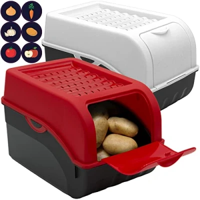 Afbeelding van ARTECSIS voorraaddoos voor groenten en fruit, stapelbare voorraaddozen met geventileerd deksel aardappelen, uien, voorraadbakken etiketten, 29x19x19cm 7,7L, Rood Wit, Set van 2