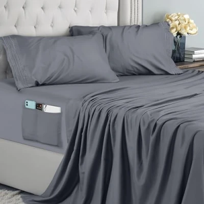 Afbeelding van Utopia Bedding 4 Delige Geborduurde Lakenset (Voor Bedmaat 180 x 200 cm, Grijs) Geborsteld Microvezel Polyester,1 Vlakke Laken, 1 Hoeslaken met 2 Kussenslopen 50 75 cm