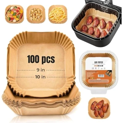 Afbeelding van K MART Bakpapier voor heteluchtfriteuse, 100 stuks, 23 cm, vierkant airfryer bakpapier, antiaanbaklaag, levensmiddelenkwaliteit, accessoires bakken, braden, magnetron