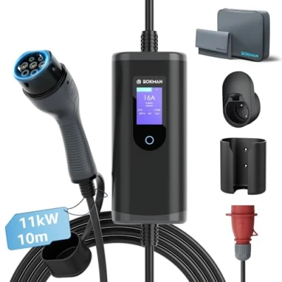 Afbeelding van bokman Oplader, type 2 oplaadkabel met CEE stekker, 10 meter, 6 16 A, 11 kW, 3 fase, IP65 waterdicht, draagbare EV oplader en mobiel laadstation voor IEC 62196 2, draagtas microvezel