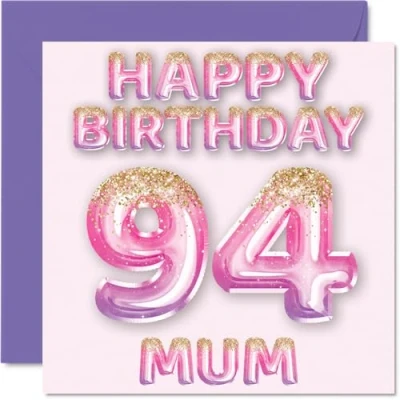Afbeelding van 94e verjaardagskaart voor mama roze en paarse glitterballonnen gelukkige verjaardagskaarten 94 jarige moeder, moeder van zoon dochter, 145 mm x cadeau