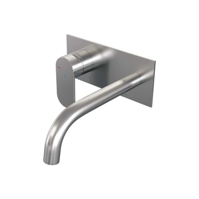 Afbeelding van Brauer Brushed Edition Wastafelmengkraan inbouw gebogen uitloop rechts hendel breed plat afdekplaat model C2 PVD geborsteld RVS