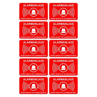 Afbeelding van 10 stuks stickers, alarminstallatie, 5 cm x 3 cm, alarmbeveiligd, weerbestendig en uv bescherming, set rood