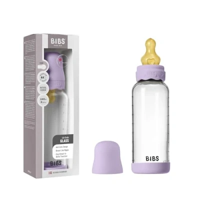Afbeelding van BIBS Boheme Glazen babyfles, 240 ml, anti koliek, ronde zuiger van natuurlijk rubberlatex, bevordert de natuurlijke borstvoeding, Violet Sky