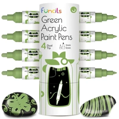 Afbeelding van 4 Dual Tip Groene Verf Pen Metallic Fijne &amp; Medium Acryl Markers Marker voor Metaal, Hout, Rock Painting, Canvas, Keramiek, Glas, Stof, Blad en Plastic Inkt op waterbasis