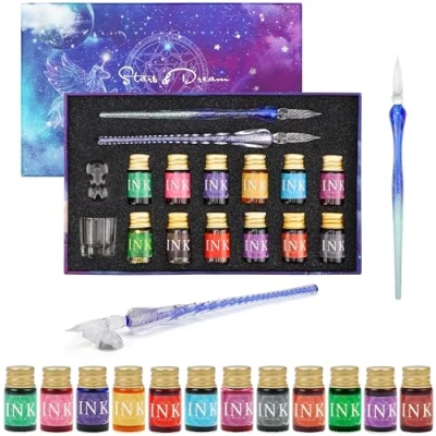 Afbeelding van Belle Vous 16 Delige Kalligrafie Pennen Set met Houder, Inktflesjes en een Lege pot 2 Inkt Dip Ideaal voor Beginners Volwassenen 12 Verschillend Gekleurde 7 ml Inkten