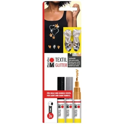 Afbeelding van Marabu 011900000080 textielverf glitter, stofstiften voor lichte en donkere stoffen, op waterbasis, universele punt met lijndikte ca. 3 mm, stiften in glitter zwart, zilver goud
