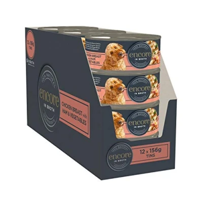 Afbeelding van ENCORE Natuurlijk natvoer voor honden, 100% natuurlijke kippenborst met ham en groenten in bouillon, 156 g (verpakking van 12 stuks)