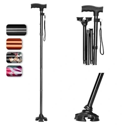 Afbeelding van supregear Opvouwbare Cane, 5 Niveau Verstelbare met T Handvat en Anti verloren polsband Antislip Zelfstandige 4 Legged Rubberen Ondersteuning Stok voor Oudere Gehandicapte Mannen Vrouwen