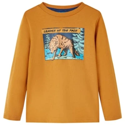 Afbeelding van Kindershirt met lange mouwen wolvenprint 128 donkerokerkleurig
