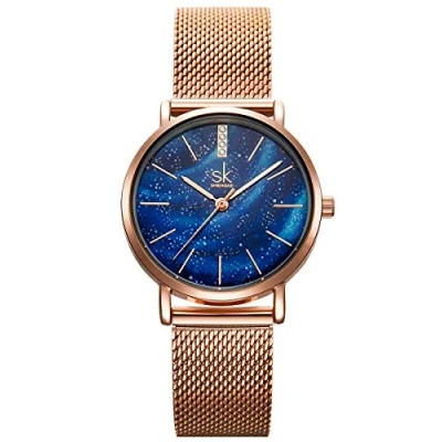 Afbeelding van Alienwork Dameshorloge Rose Goud Mesh Armband Blauw Ultradun Elegant