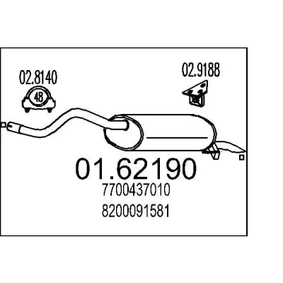 Afbeelding van MTS 01.62190 Einddemper 1100mm RENAULT: Clio II Hatchback (BB, CB) 1.4 16V, 1.2 16V (BB05, BB0W, BB11, BB27, BB2T, BB2U, BB2V, CB05,... 1999 2016