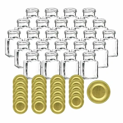 Afbeelding van gouveo Set van 48 inmaakpotten, 150 ml, vierkant, met schroefdeksel, goudkleurig, kleine voorraadpotten schroefsluiting, lege kruidenpotten, jampotten, weckpotten