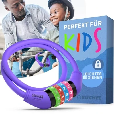 Afbeelding van Büchel Fietsslot voor kinderen, kleurrijk en zonder sleutel, cijferslot, fiets, fietsaccessoires kinderfietsslot, violet