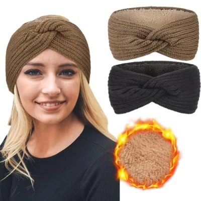 Afbeelding van DRESHOW Vrouwen Warm Gebreide Hoofdband Winter Oorwarmer Gehaakt Hoofd Wraps Dikke Fleece Voering Haar Bands