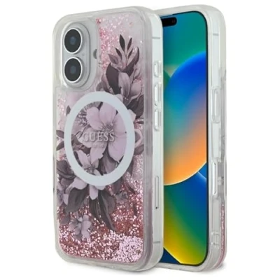 Afbeelding van Guess GUHMP16SLFMWTP iPhone 16 6.1&quot; różowy/roze hardcase Liquid Glitter Flower MagSafe (Apple 16), Smartphonehoes, Roze