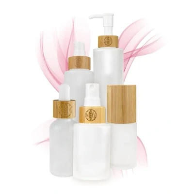 Afbeelding van Hoogwaardige glazen flessen met bamboedeksel, voor duurzame doe het zelf, natuurlijke cosmetica, geschenkverpakking, pipet oliën en spuitpompdispenser lotions, 30 ml sproeikop gegraveerd 5 stuks
