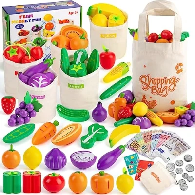 Afbeelding van SEMKOTREE Houten koopaccessoires, speellevensmiddelen, kinderkeuken, accessoires, koopmanswinkel accessoires met speelgeld, eurobiljetten en munten, rollenspeelgoed voor jongens meisjes van 3 jaar