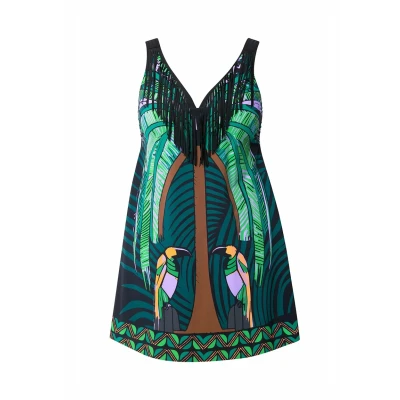 Afbeelding van Ulla Popken Fringed Jungle Motif Sweetheart Neckline Badpak, Dames, Maat: 50, Black