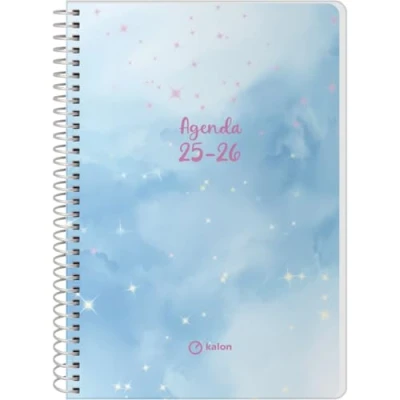 Afbeelding van Q Kalon Schoolagenda 2025 2026 Dag per Pagina, Formaat A5 (15x21 cm), Spaans en Engels, September tot Juni, Spiraalsluiting, Flexibele Kaft met Plastic Bescherming Sky
